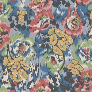 May include: A vibrant floral pattern in shades of yellow, red, blue, green, and black. The design has a textured look, with stylized flower and leaf shapes. The overall effect is a lively, artistic textile design.