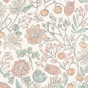 May include: A cream-coloured floral pattern featuring stylised flowers, berries, and foliage in muted tones of peach, blue, and green. The design includes various floral elements and botanical details.