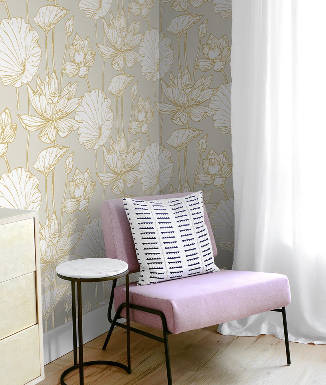 nextwall-peel-and-stick-gray-white-and-gold-lotus-flower-boho-etsy