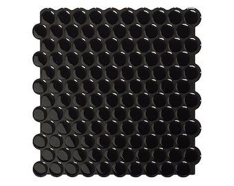 May include: Black glossy penny round mosaic tile sheet. The tiles are arranged in a honeycomb pattern.