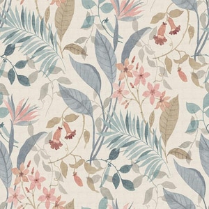 May include: A watercolour botanical pattern with blue, pink, and brown leaves and flowers. The design features large, stylized leaves and delicate floral arrangements on a cream background. A tropical theme is evident.