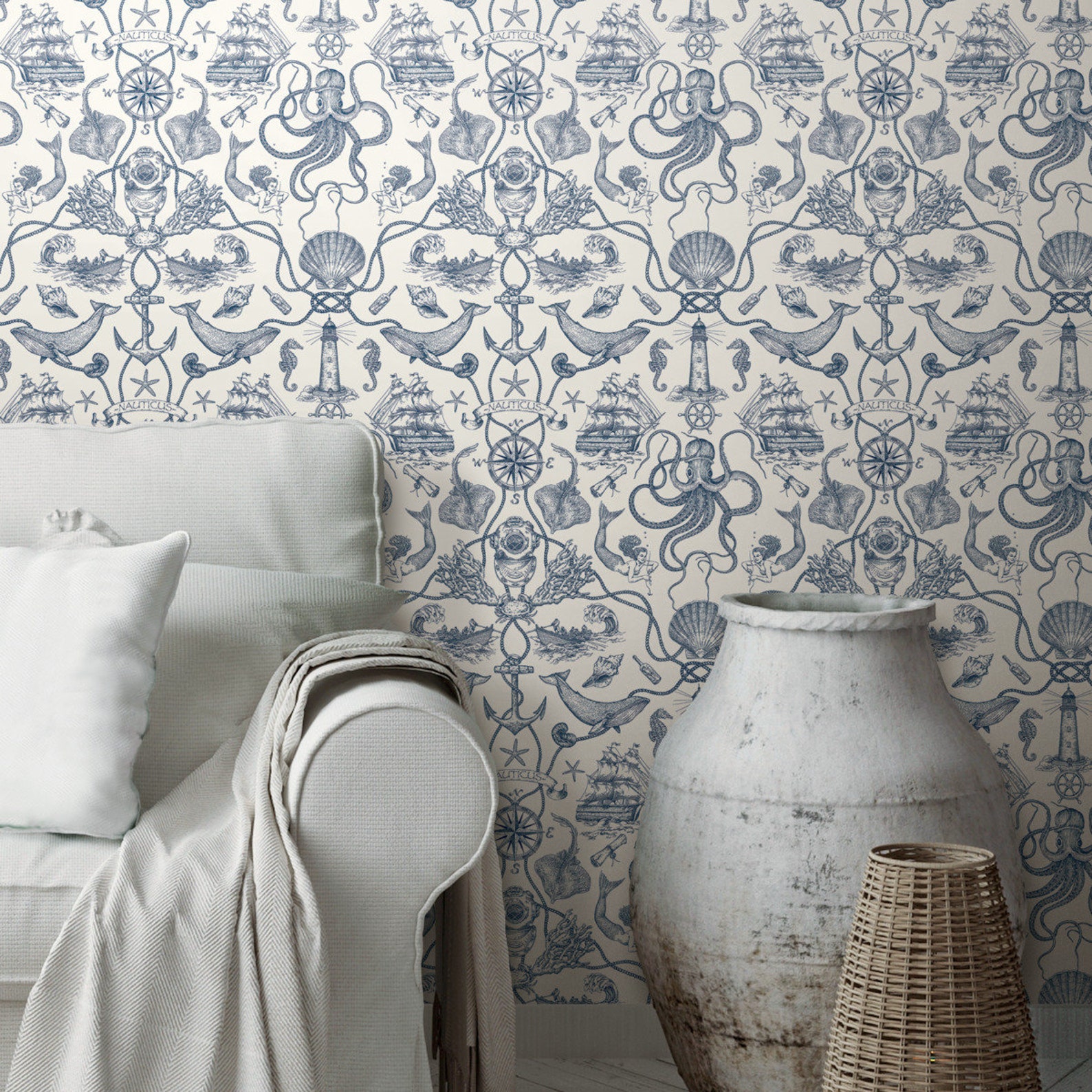 Deep Sea Toile Nautical Blue Peel and Stick Wallpaper Etsy