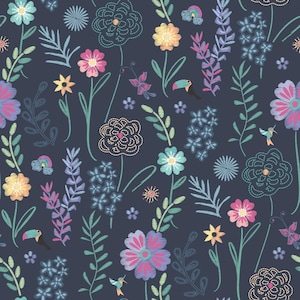 May include: A seamless pattern featuring embroidered flowers, birds, and leaves on a dark blue background. The flowers are in shades of pink, yellow, blue, and green. The birds are toucans and hummingbirds. The leaves are in shades of green.