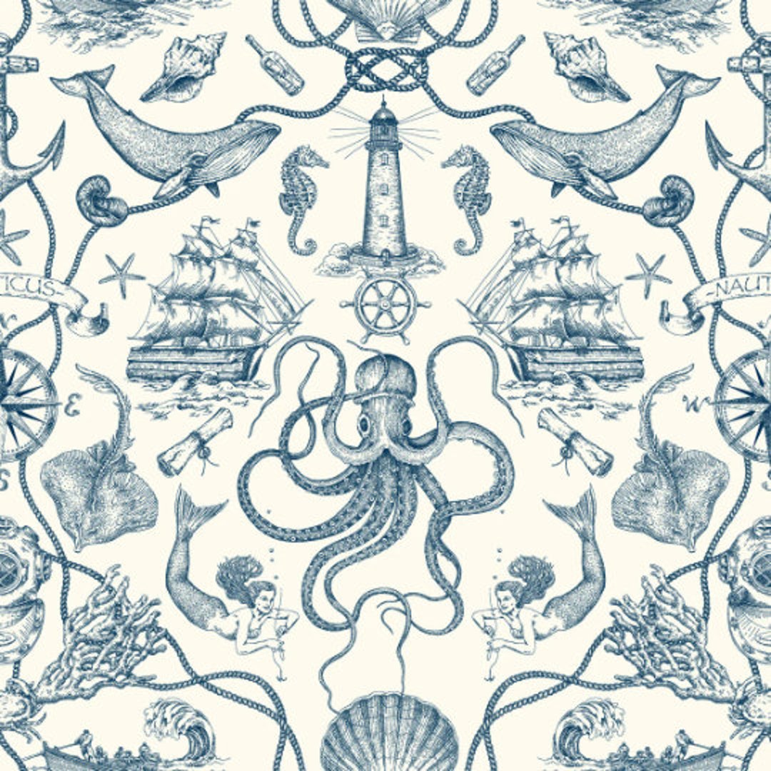 Deep Sea Toile Nautical Blue Peel And Stick Wallpaper Etsy 日本