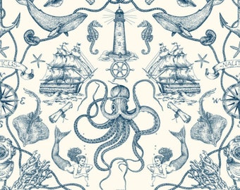 Deep Sea Toile Nautical Blue Peel and Stick Wallpaper RMK12002WP