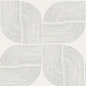 May include: Abstract geometric pattern on a white background. The design features repeating shapes composed of curved and straight lines in a dark gray color. The pattern creates a symmetrical, modern design.