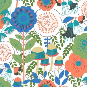 May include: A colourful floral pattern with stylized flowers and foliage. The design includes large blue, orange, and green flowers, green leaves, and mushroom-like shapes, set against a white background. The pattern is bold and graphic.