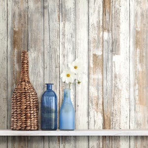 Distressed Wood Peel and Stick Wallpaper Gray Brown White 3D Realistic Reclaimed Barnwood RMK9050WP