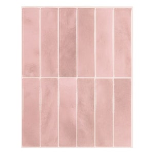 May include: A sheet of 12 pink peel and stick tile stickers. The tiles are rectangular and have a subtle shimmer.