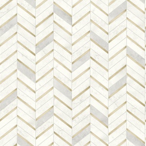 May include: White and grey marble chevron pattern with gold accents. The pattern is repeated throughout the image.