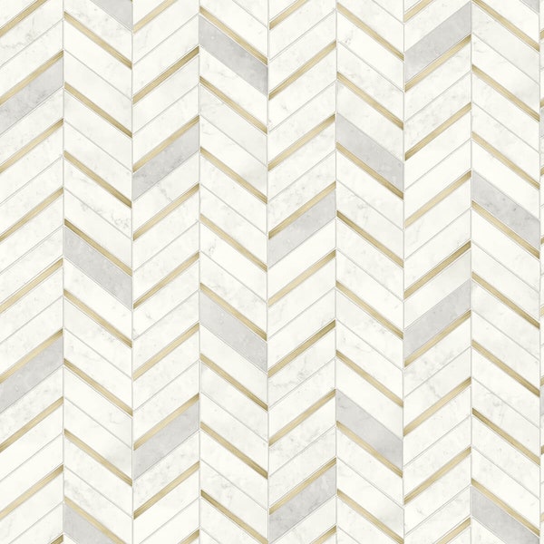 NextWall Peel and Stick Chevron Marble Tile Wallpaper Metallic Gold and Gray NW39205