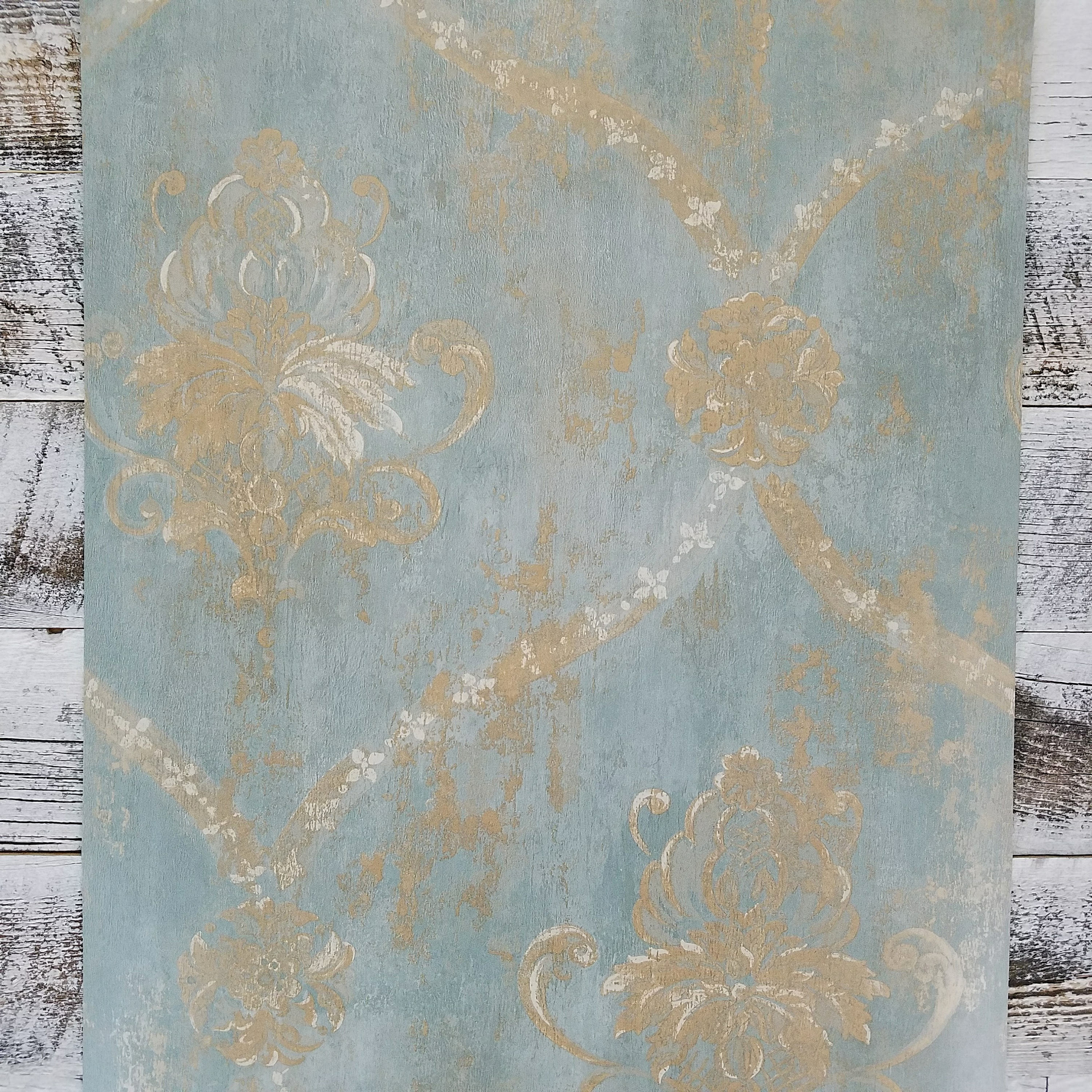 Aqua Blue & Gold Weathered Damask Vintage Wallpaper CH28248 - Etsy UK