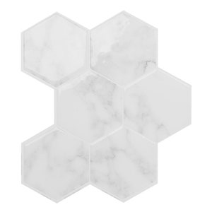 May include: A set of six white hexagon-shaped tiles with a marble pattern. The tiles are arranged in a honeycomb pattern.