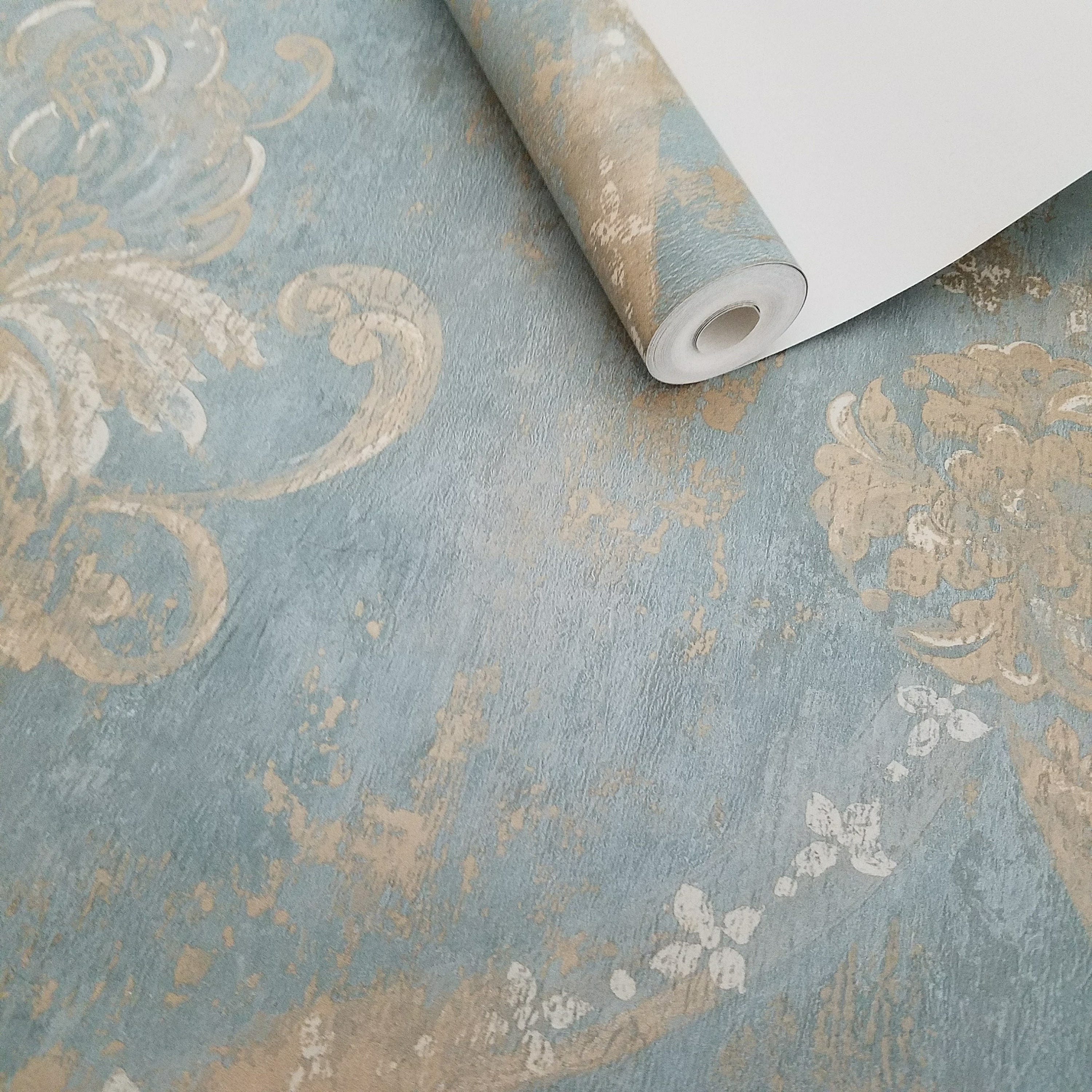 Aqua Blue & Gold Weathered Damask Vintage Wallpaper CH28248 - Etsy ...