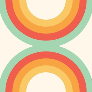 May include: A retro abstract design with two mirrored rainbow arcs. Each arc features layers in shades of red, orange, yellow, and a mint green border, set against a cream background. The design has a nostalgic, vintage aesthetic.