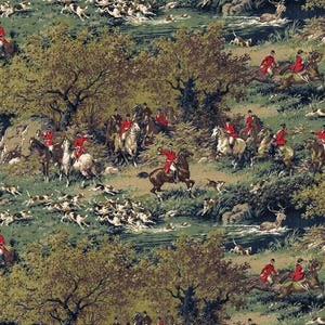 May include: A repeating fabric pattern showing a fox hunt scene. The design includes riders in red coats on horseback, hounds, trees, and a stream, set against a green and brown background.