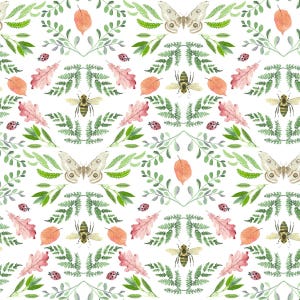 May include: A seamless pattern featuring watercolour illustrations of butterflies, bees, ladybirds, leaves, and ferns. The pattern is in shades of green, pink, and orange on a white background.