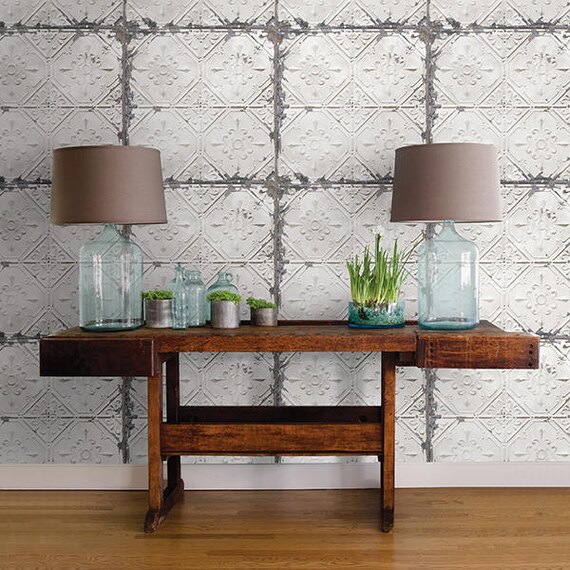Peel And Stick Wallpops Vintage Rustic Tin Ceiling Tile Wallpaper Nu2213 White Silver Metal