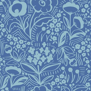 May include: A seamless pattern featuring blue flowers and leaves on a dark blue background. The design is stylised and abstract, with a whimsical feel.