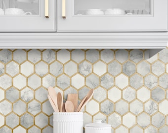 NextWall Peel and Stick Gold Inlay Hexagon Geometric Wallpaper NW38605