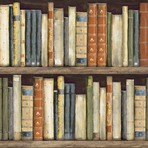 May include: A detailed image of a bookshelf filled with vintage books. The books have various colors, including shades of brown, green, blue, and cream. The books are arranged on two wooden shelves, creating a classic library aesthetic.
