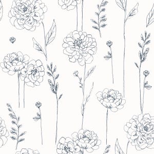 May include: A seamless pattern featuring delicate line drawings of various flowers and foliage in shades of blue on a white background.