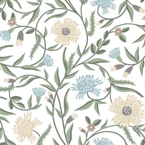 May include: A seamless pattern featuring a repeating design of stylized blue and yellow flowers with green leaves and stems on a white background.