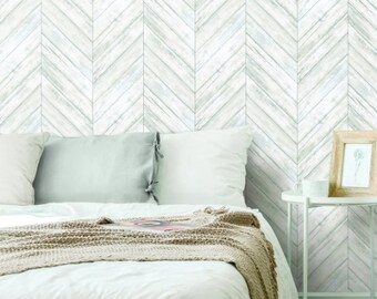 Papel tapiz autoadhesivo con diseño de espiga de madera blanca RMK11453WP