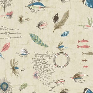 May include: A beige background with a repeating pattern of fishing lures, feathers, and fish in shades of blue, pink, brown, and green. The design includes various fly fishing hooks and stylized illustrations.