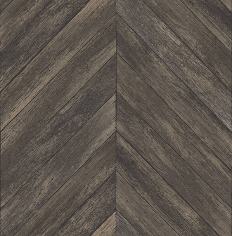 Chevron Rustic Wood Plank Parisian Dark Gray Brown Espresso Parquet Wallpaper 2540-24008