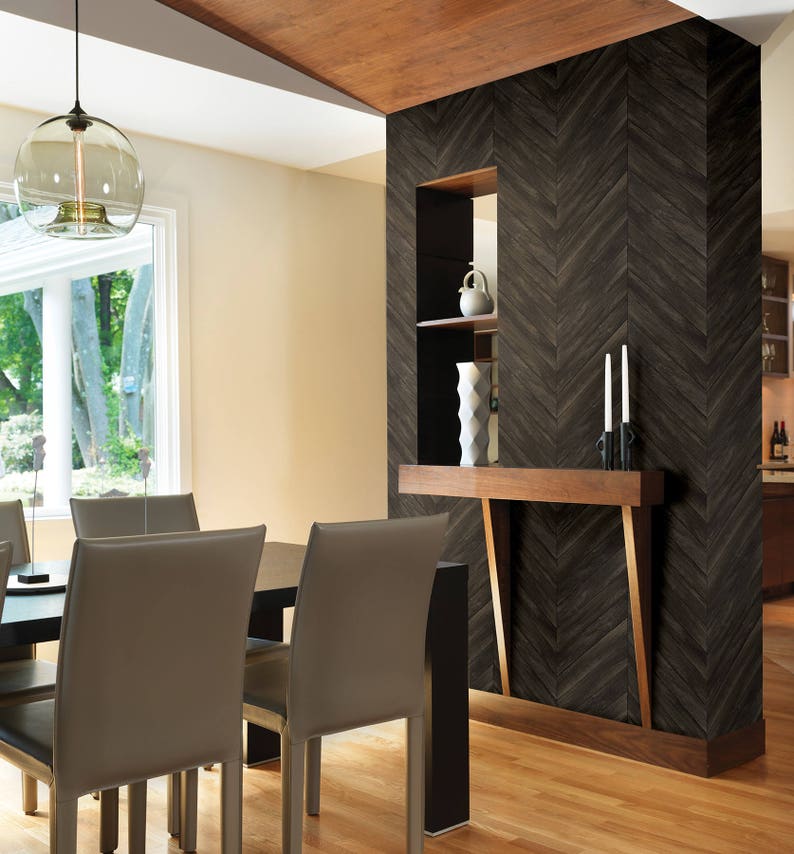 Chevron Rustic Wood Plank Parisian Dark Gray Brown Espresso Parquet Wallpaper 2540-24008