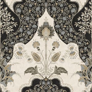 Peut inclure: Un motif floral noir et blanc avec un motif répétitif de fleurs et de feuilles stylisées. Le motif est symétrique et a un aspect vintage.