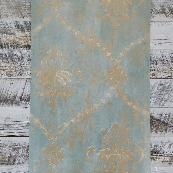 Turquoise And Gold Damask Wallpaper