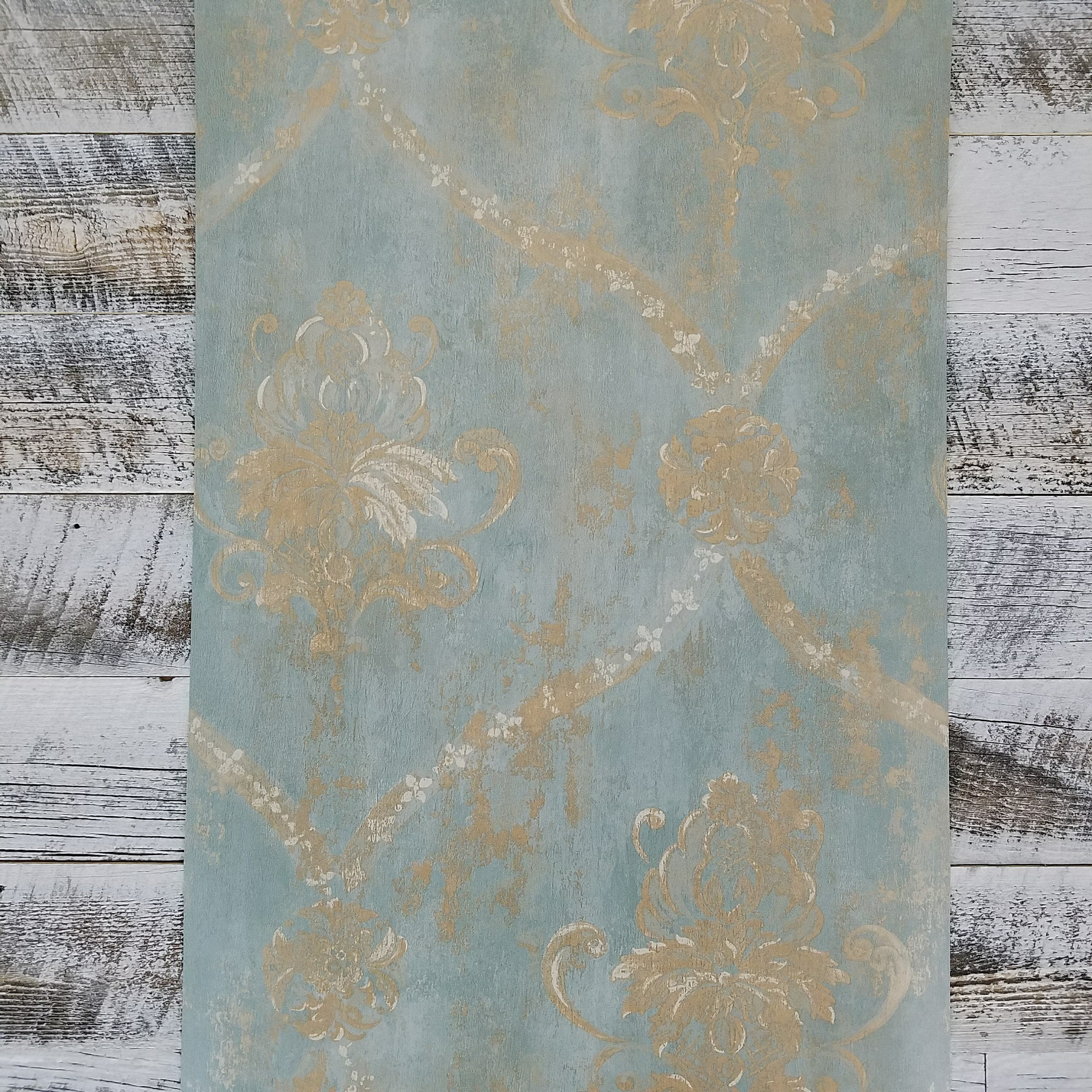 Aqua Blue & Gold Weathered Damask Vintage Wallpaper CH28248