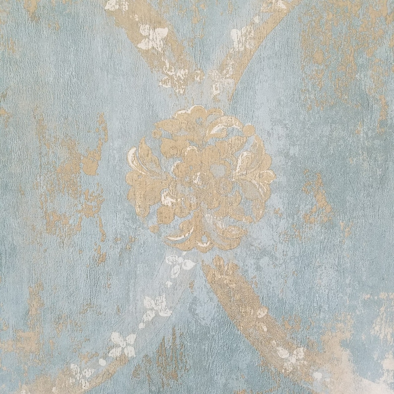 Aqua Blue & Gold Weathered Damask Vintage Wallpaper CH28248 - Etsy ...
