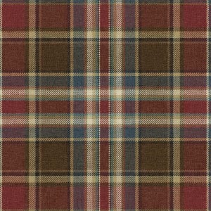 May include: A close-up of a plaid pattern in shades of burgundy, brown, beige, and blue. The fabric has a woven texture, with intersecting lines forming a classic tartan design. The pattern is symmetrical and detailed.
