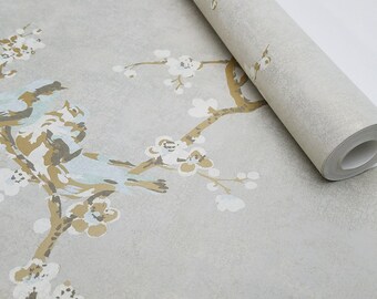 York Bird With Blossoms Hand Painted Silver Gold French HP0325 Floral Wallpaper 