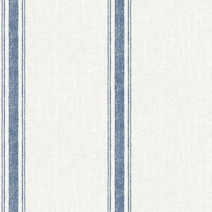 May include: A close-up of a white fabric with vertical blue stripes. The stripes have a textured appearance, creating a classic, farmhouse aesthetic. The fabric's design is simple and versatile, suitable for various home decor projects.
