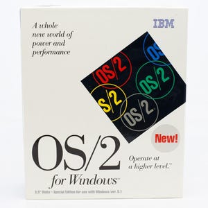 May include: A white box for OS/2 for Windows software. The box features the IBM logo and the text "OS/2 for Windows." A graphic of colored circles with "OS/2" is on the front. The box also has the text "New!" and "Operate at a higher level."