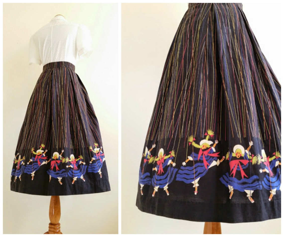 Vintage Novelty Print Skirt // 1940s Cotton Dancing Etsy