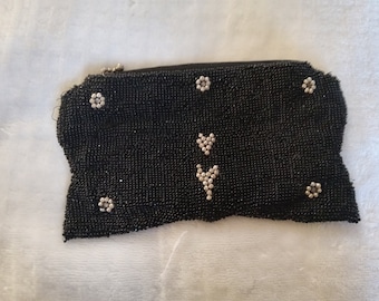 Vintage Seed Beaded Purse Art Deco Style Made in Czech-belt or hand loop black