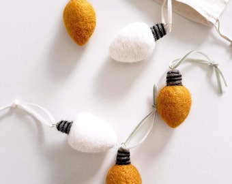 Felt Wool Light Bulb Ornaments: White & Mustard, Handcrafted Set