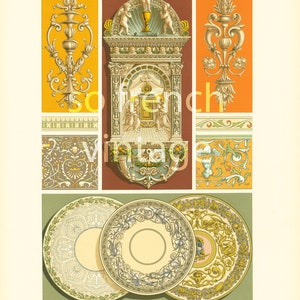 May include: A vintage illustration of Renaissance-style decorative elements. The image features a central architectural design with a niche, two flanking floral motifs, and two decorative plates with intricate floral patterns. The illustration is in a yellow, orange, and green color scheme.
