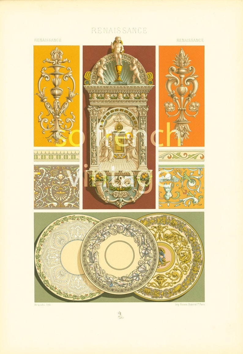 May include: A vintage illustration of Renaissance-style decorative elements. The image features a central architectural design with a niche, two flanking floral motifs, and two decorative plates with intricate floral patterns. The illustration is in a yellow, orange, and green color scheme.