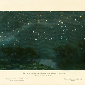 1908 Voûte étoilée Croix du Sud Hemisphère sud  Illustration ancienne Planche Originale Astronomie