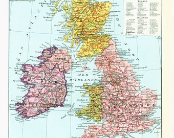 1933 British Isles Map. Physical Map. Great Britain Antique Maps. Vintage England Map. Ireland Map. Large Size Map.