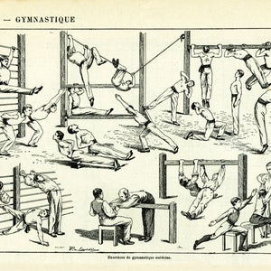 Puede incluir: Una ilustración en blanco y negro de personas realizando varios ejercicios en un aparato de gimnasia. La ilustración se titula "Gyllippe - Gymnastique" e incluye el texto "Exercices de gymnastique scolaire."