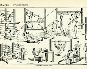 1897 Gymnastics Etching Physical Education Sports Yoga Stretching Antique Larousse print, for framing