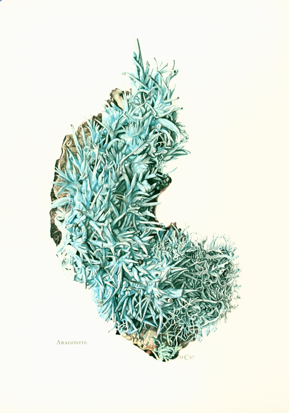 1970 Illustration Aragonite. Planche Originale Pierres Mineraux Roches Cristaux. Geologie. Decoratio