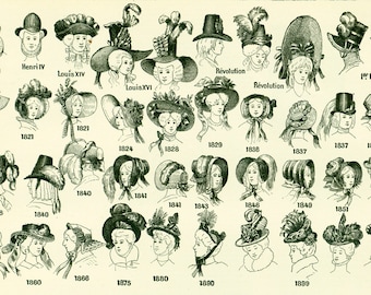 1897 Vintage Hat illustration, French Fashion Print, Antique Fashion Poster, Larousse Encyclopedia